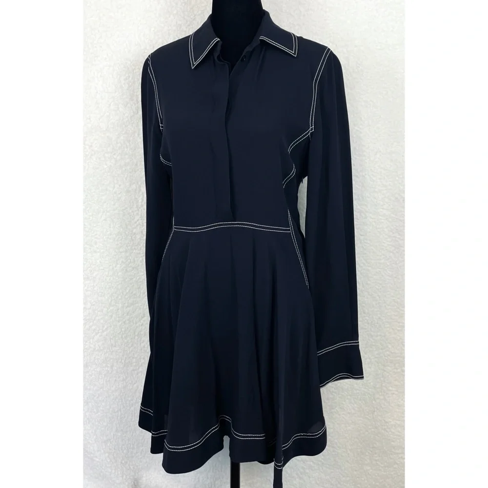 STELLA MCCARTNEY • 100% Silk Navy Contrast-Stitch Collared Mini Dress, S - Picture 7 of 16